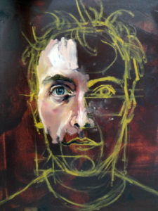 A painting of a man 's face with yellow lines coming from his head.