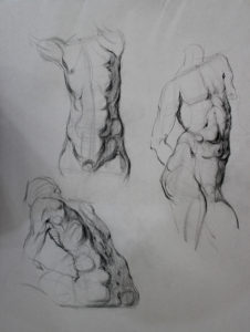 Three male torsos drawn in charcoal on paper.