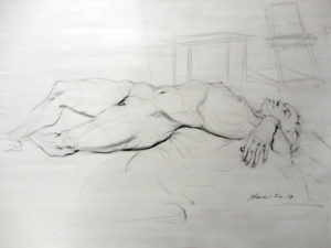 A drawing of a man laying on his stomach