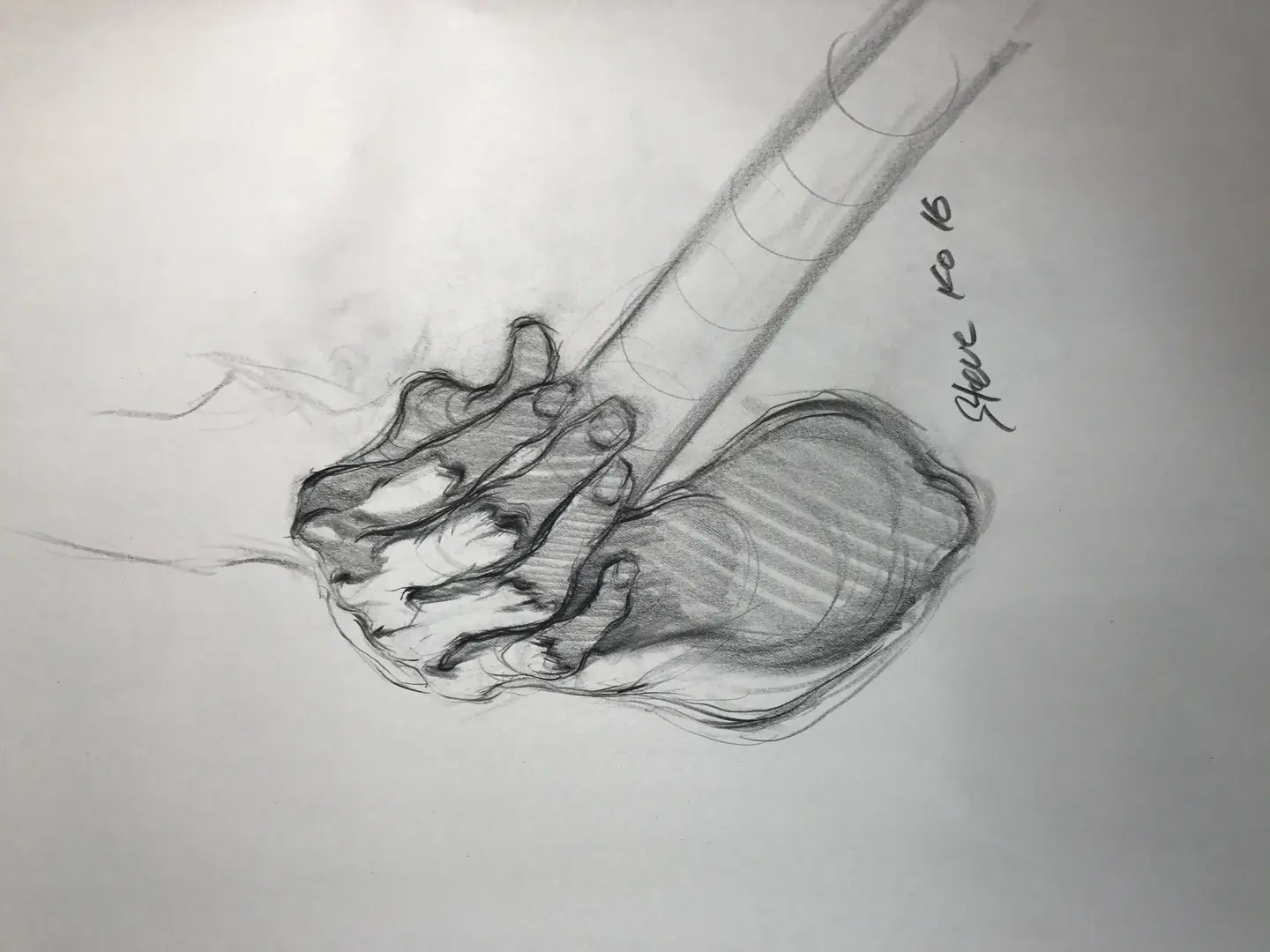 A drawing of someone holding their hand up to the side.